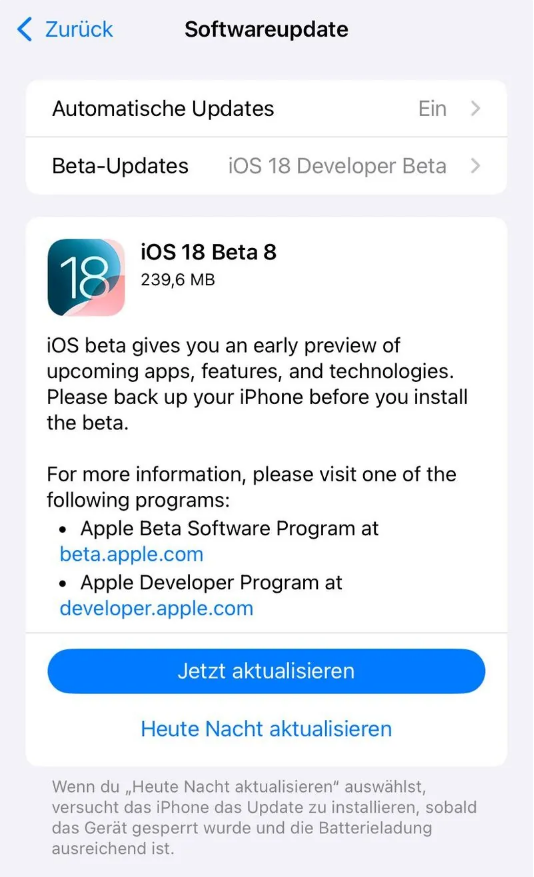 开阳苹果手机维修分享苹果 iOS / iPadOS 18 开发者预览版 Beta 8 发布 